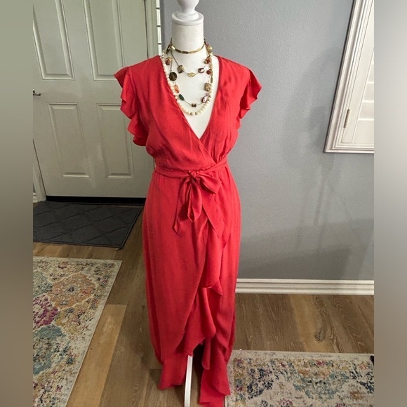 🧡”Express” Beautiful V-Neck High/Low Wrap Ruffled Coral Dress Size XXS